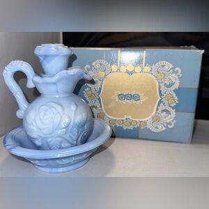 Vintage Avon Blue Milk Glass pitcher & bowl 1978 bubble bath half full